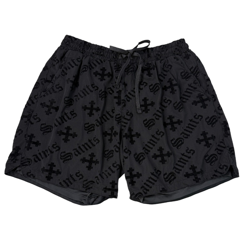 Saints Studio Mens Black Mesh Flock Print Athletic Shorts XL Cross Logo Gothic